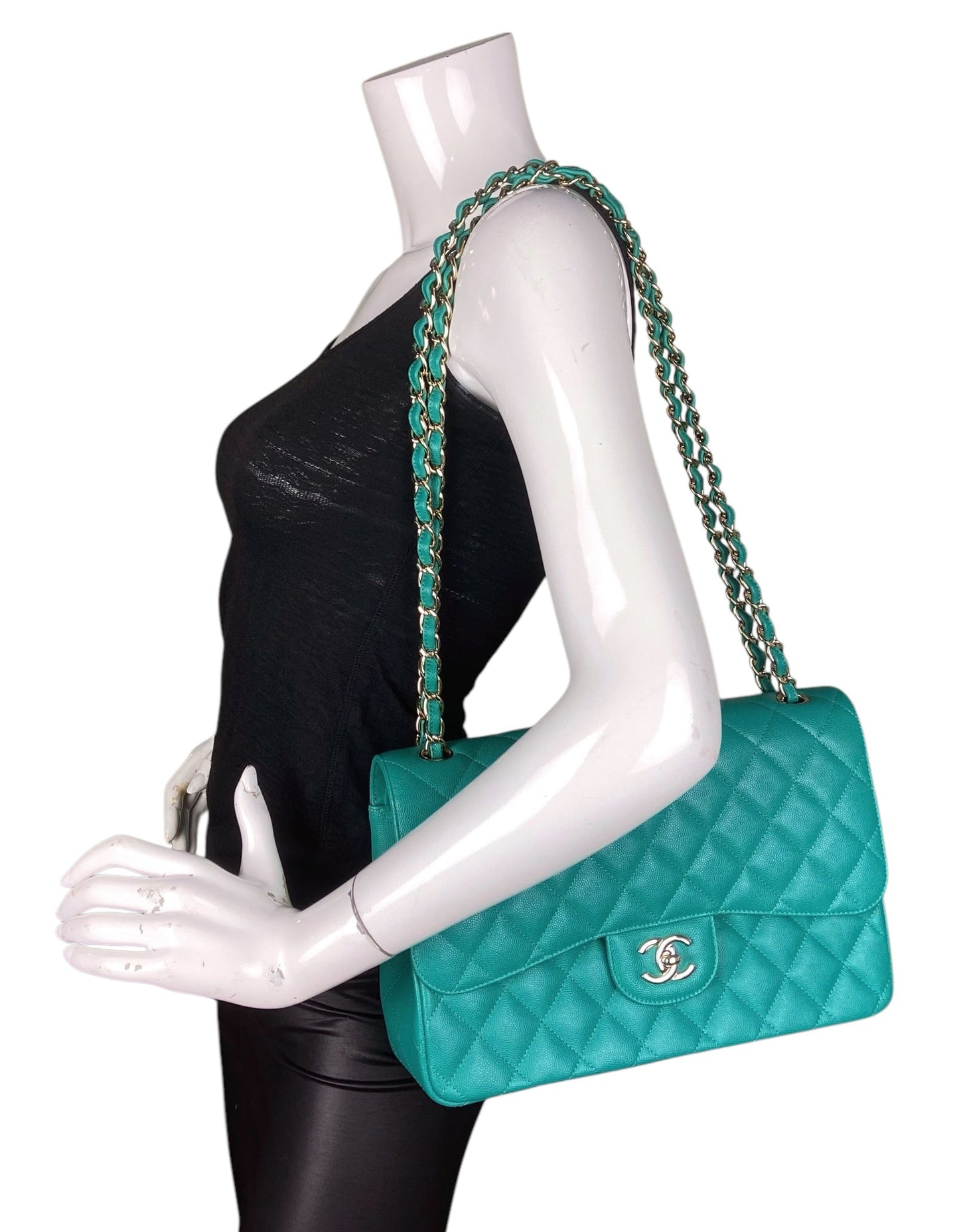 Chanel Turquoise Caviar Quilted Double Flap Jumbo Bag