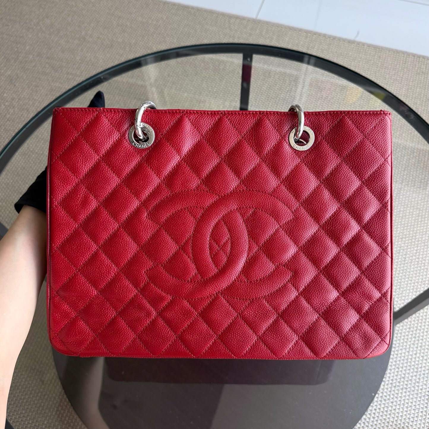 Chanel GST Grand Shopping Tote - Caviar Grained Quilted Red Tote Bag