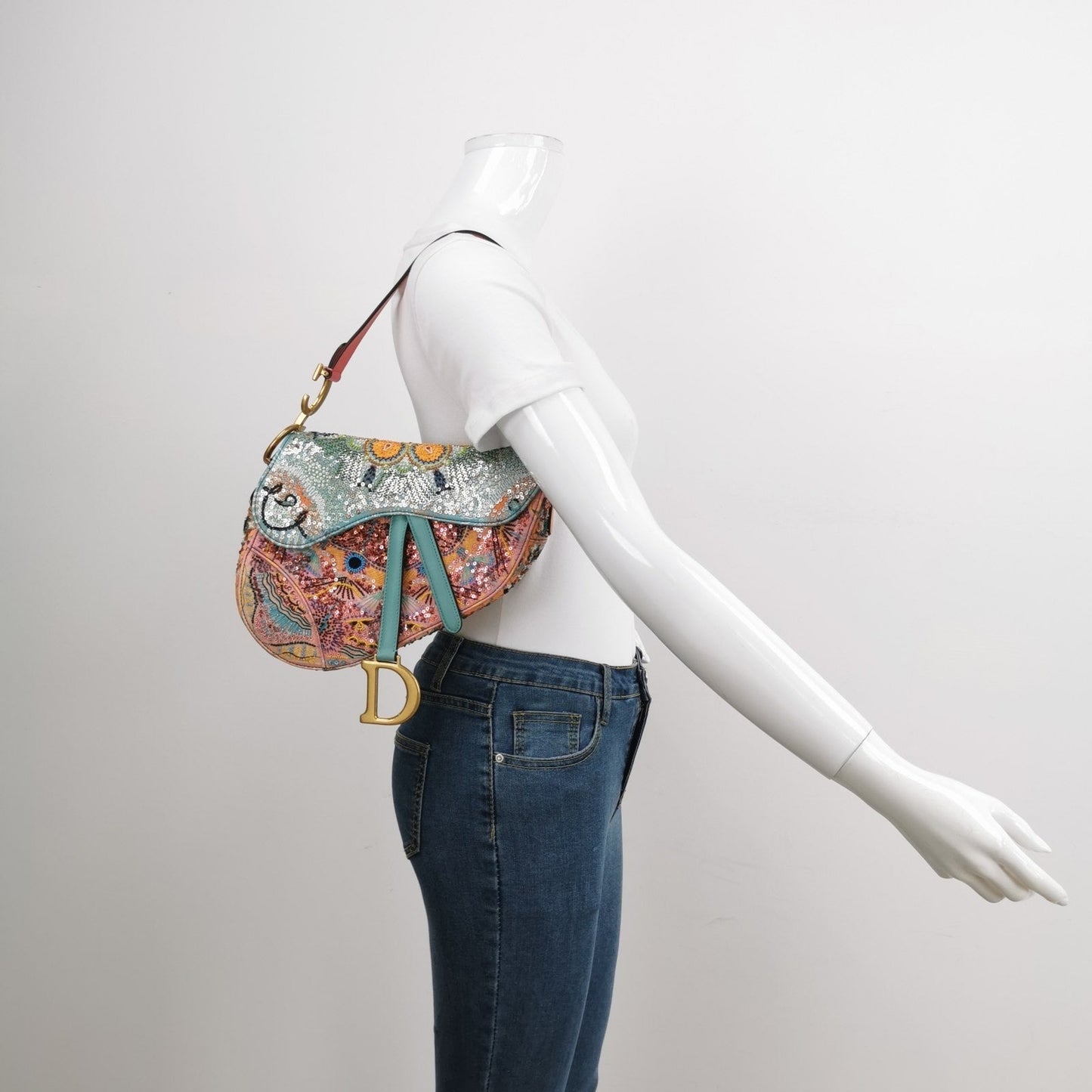 Dior Christian Saddle Multicolor Beads And Calfskin Shoulder Leather Medium Shoulder Bag