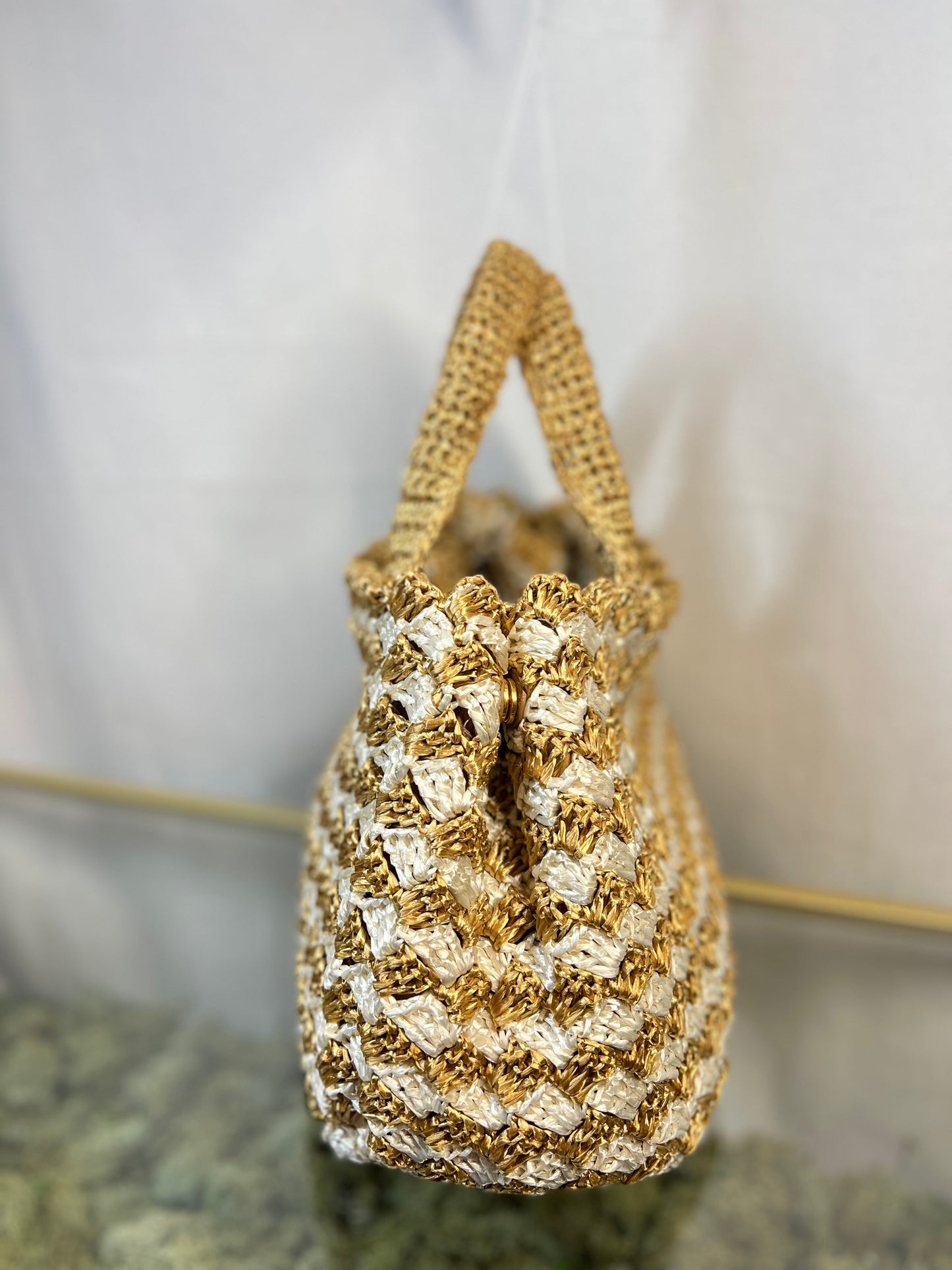 Prada Canapa Crochet Tote Bags Raffia Tan Woven