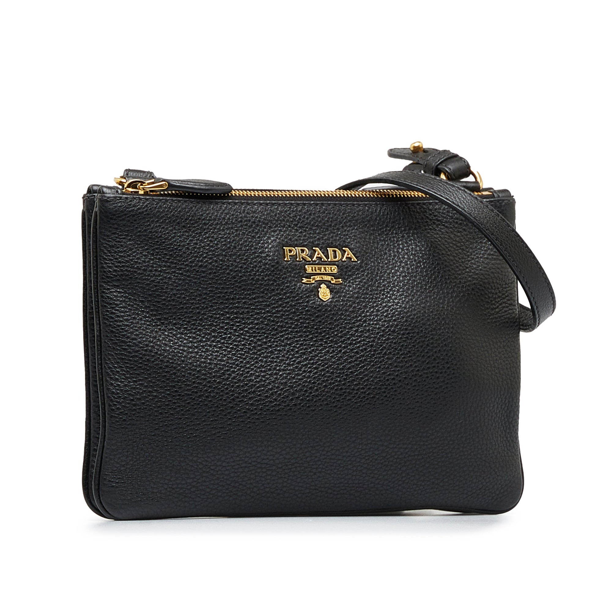 Prada Prada Double Zip Crossbody Bag Black Vitello Daino