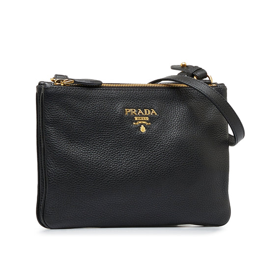 Prada Prada Double Zip Crossbody Bag Black Vitello Daino