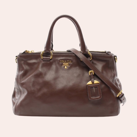 Prada Soft Calf Double Tote Bag Leather Brown Zip