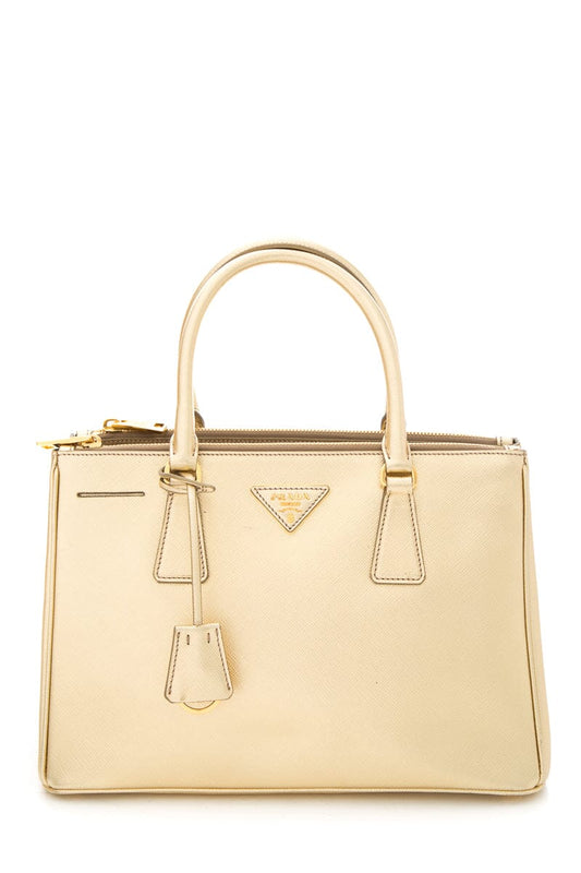 Prada Metallic Double Handbag Leather Saffiano Gold Travel Bag