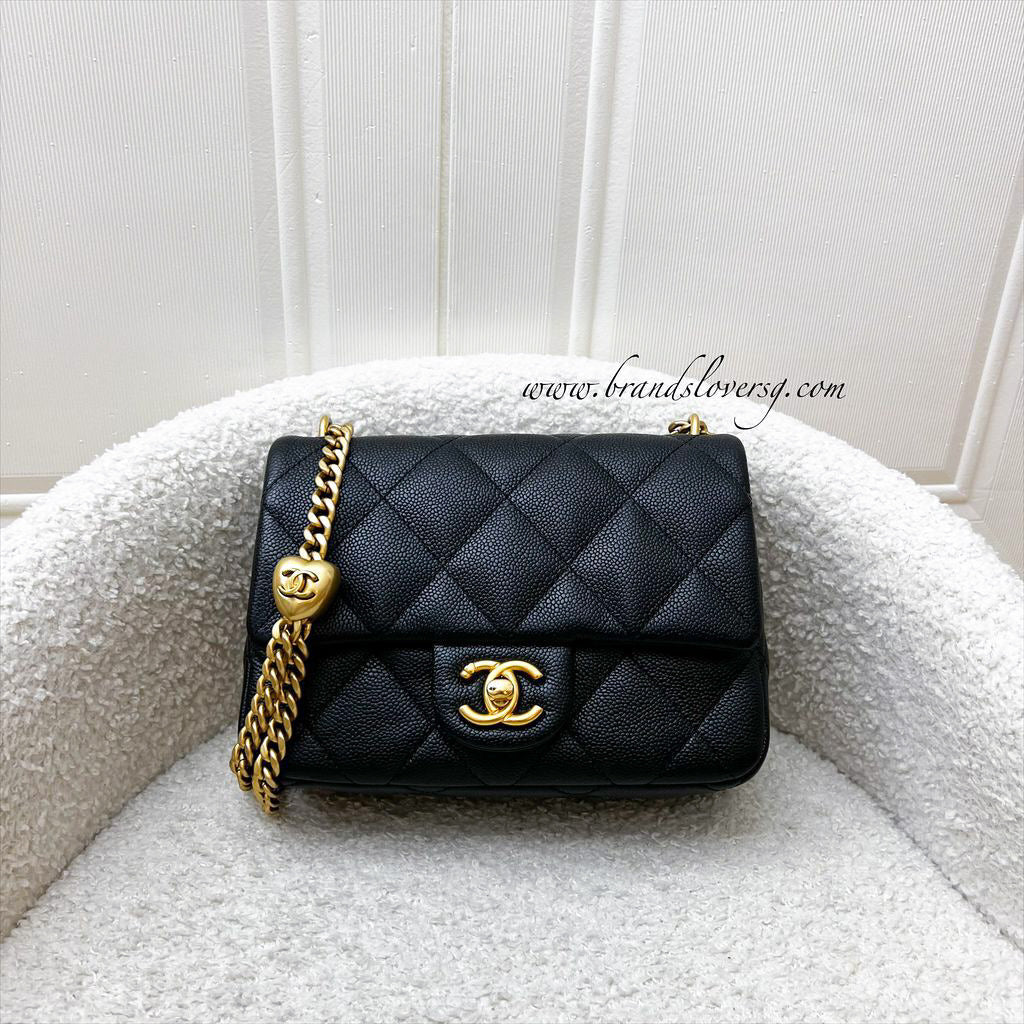 Chanel [Local Set - 2023] Heart Adjustable Chain Mini / Small Flap Bag in Black Caviar and AGHW (Model: )
