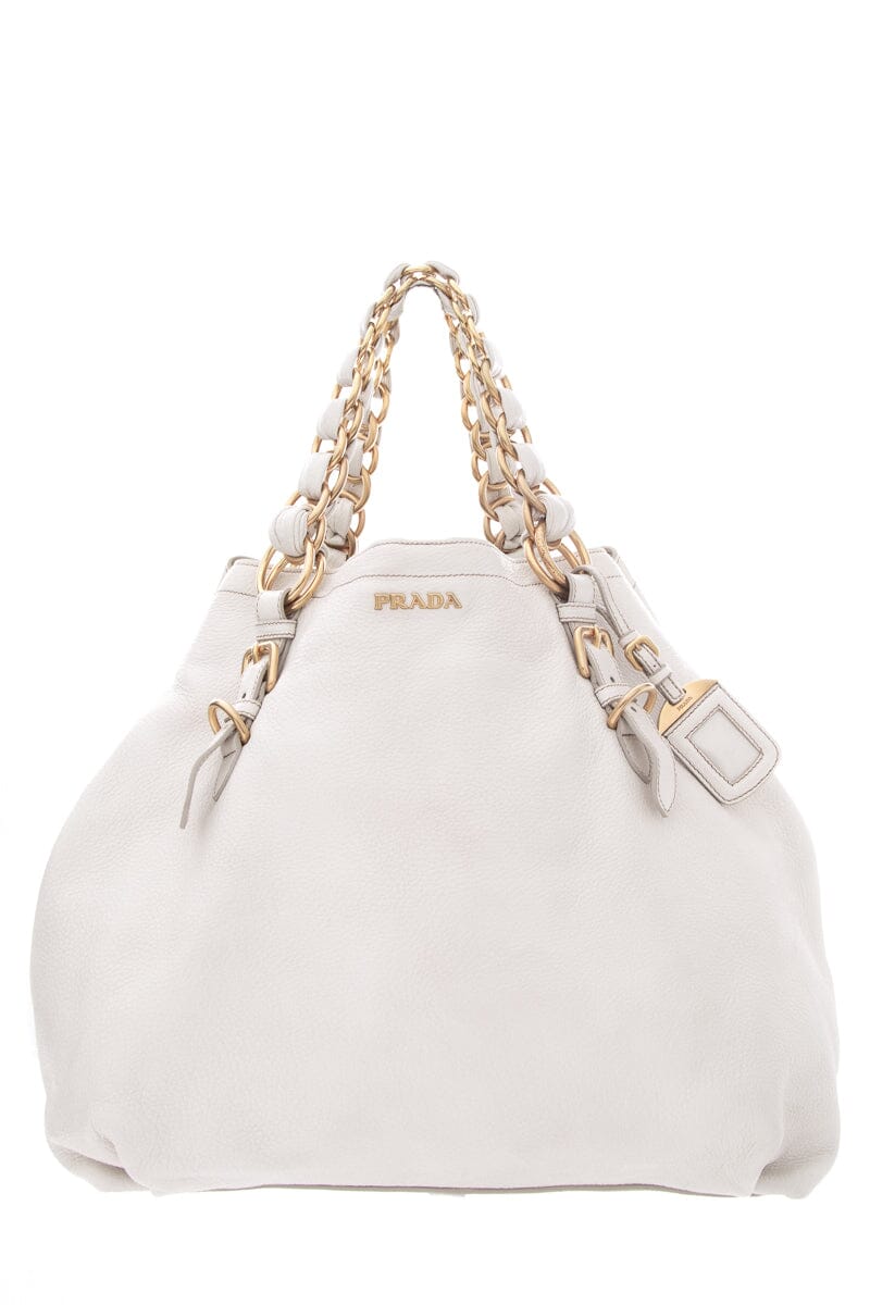 Prada Ivory Hobo Handbag Leather Gold Chain Shoulder Bag