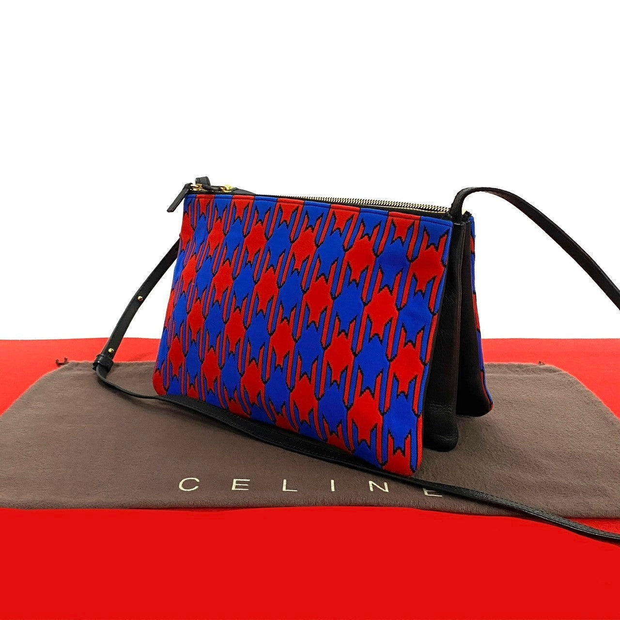 Shoulder Bag , Cotton Houndstooth Pattern Trio Leather Black