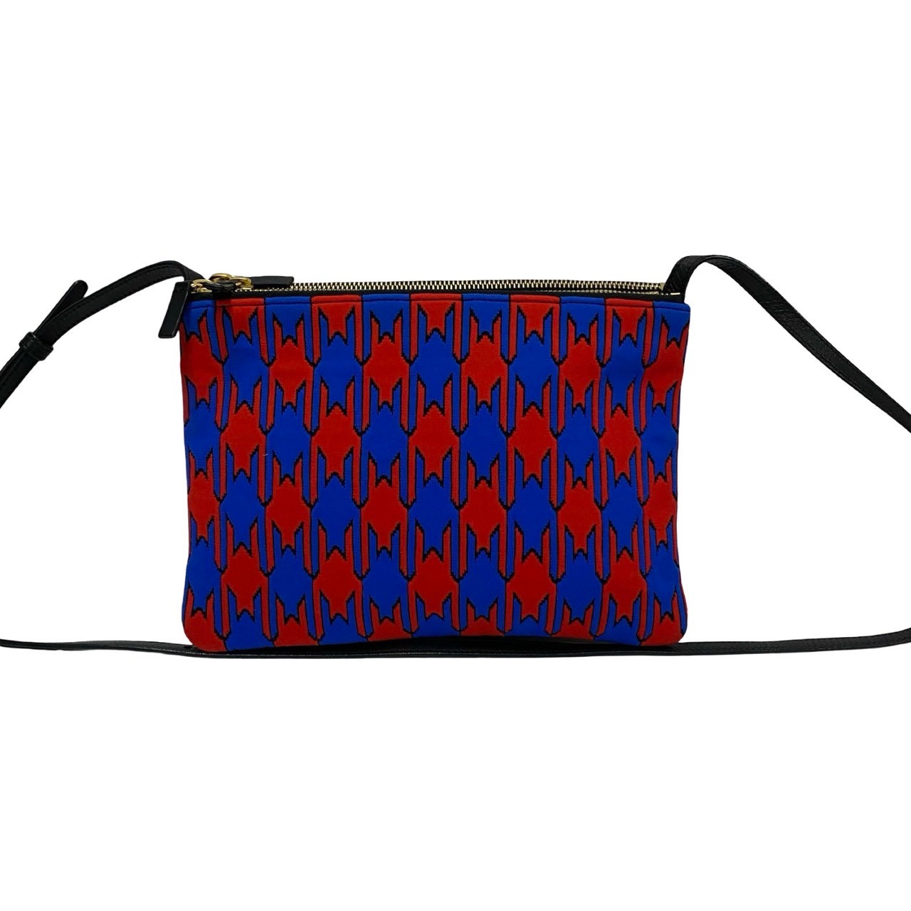 Shoulder Bag , Cotton Houndstooth Pattern Trio Leather Black