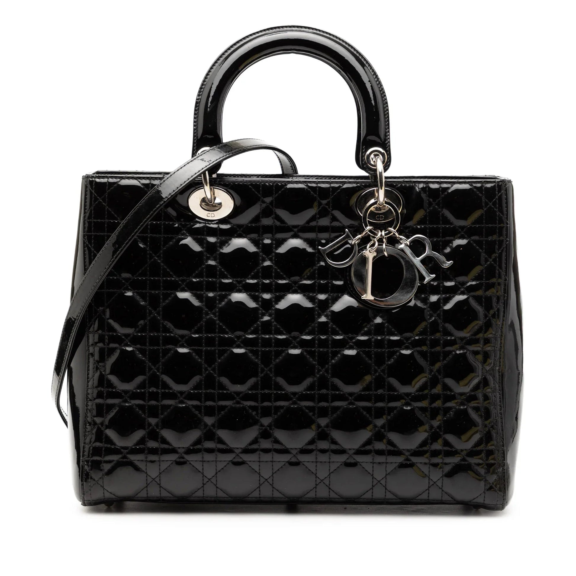 Dior Handbag Cannage Lady Satchel 3 Patent Black Large Satchel Bag
