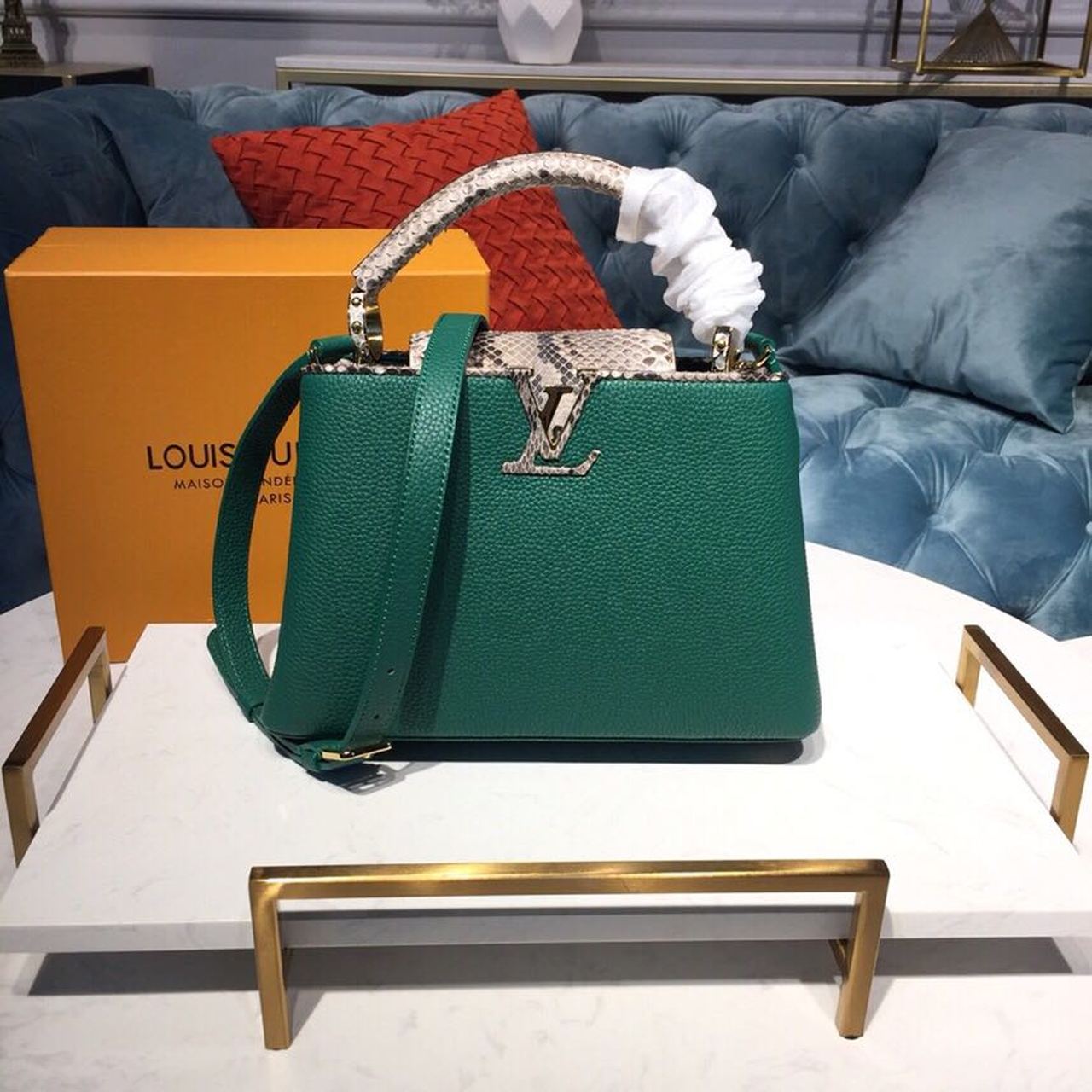 Top Quality Capucines Bb Taurillon And Python Green Crossbody Bag