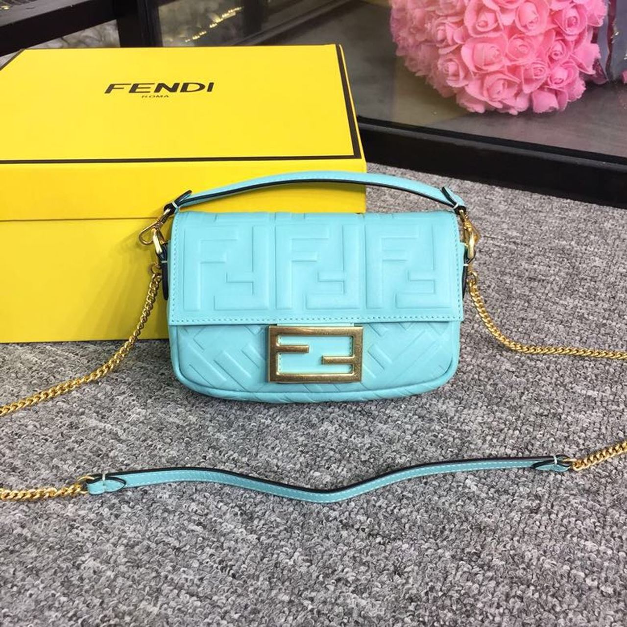 Fendi Top QualityTop Quality Baguette Nappa Blue FF Crossbody Bag Ff 8Bs017