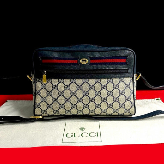 Gucci PVC GG Pattern Sherry line Leather Navy Logo Shoulder Bag
