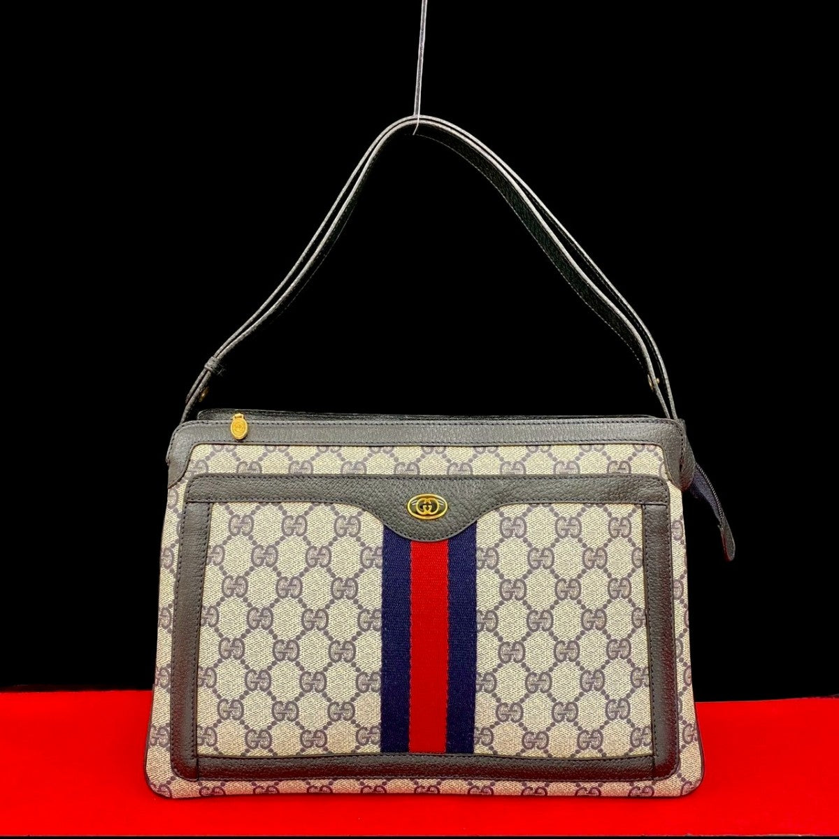 Gucci PVC GG Metal Sherry line Leather Navy Logo Shoulder Bag