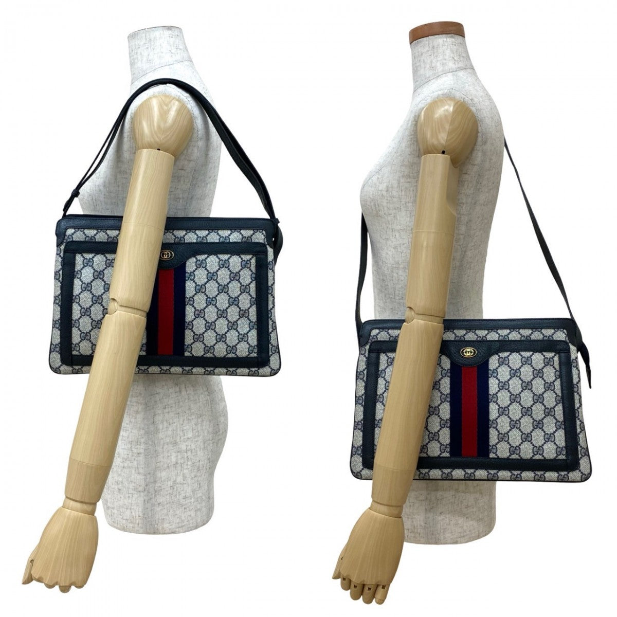 Gucci PVC GG Metal Sherry line Leather Navy Logo Shoulder Bag