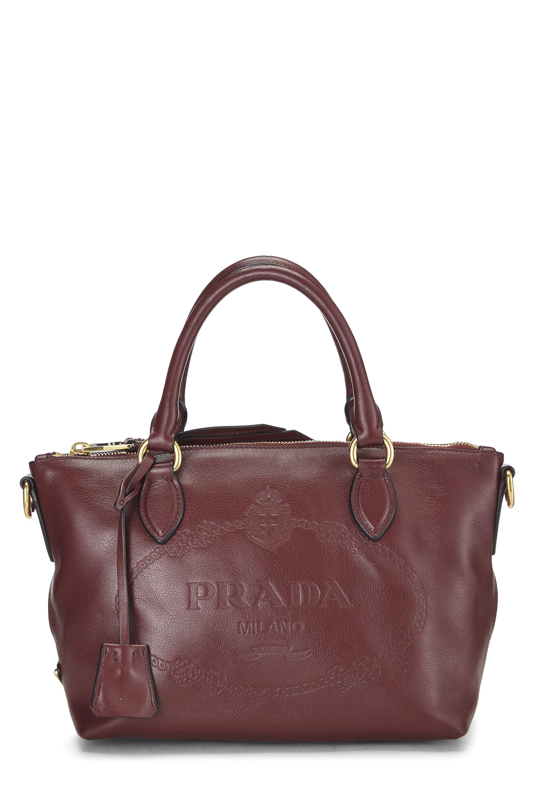 Prada Burgundy Calfskin Convertible Handbag Burgundy Logo Embossed Travel Bag