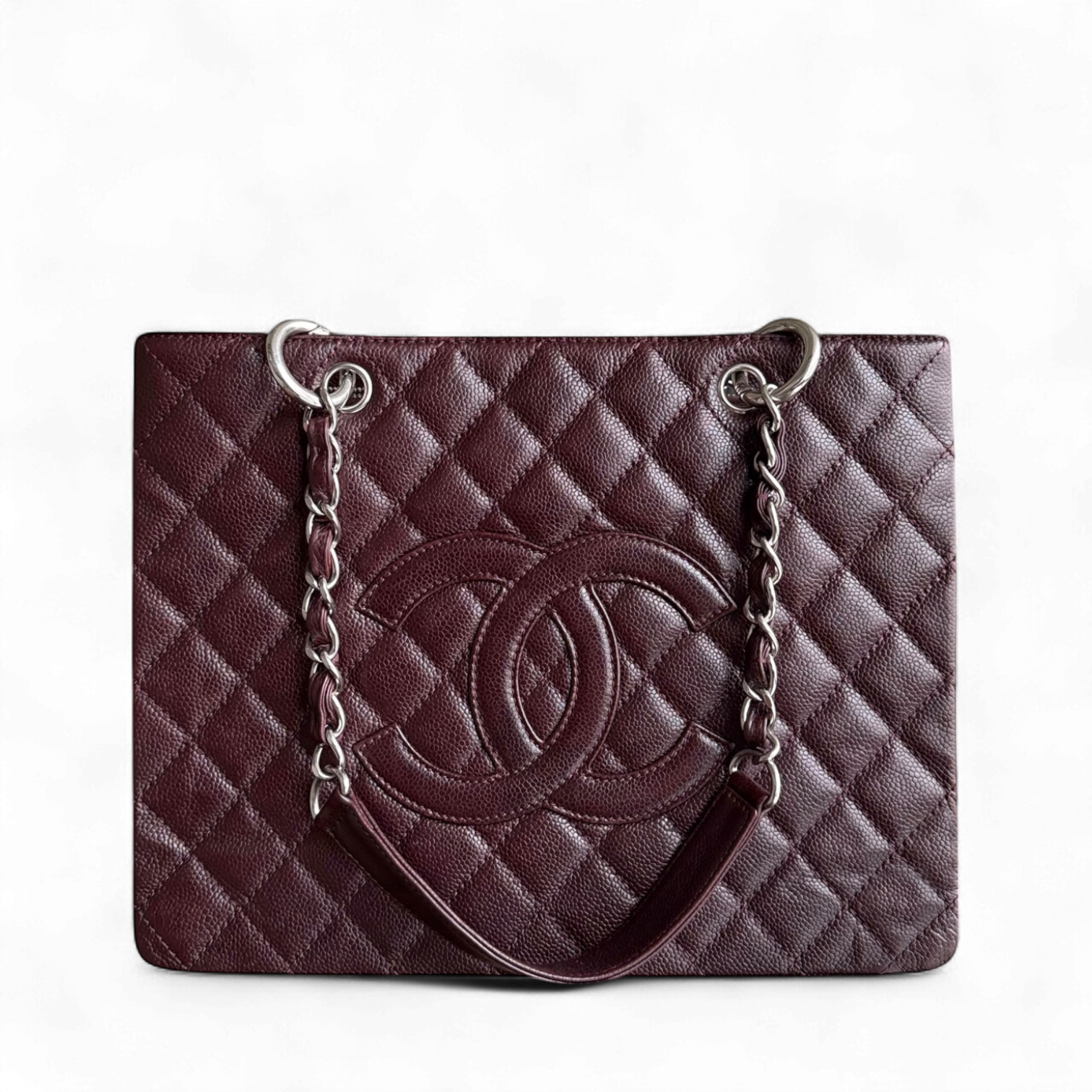 Chanel GST Grand Shopping Tote - Caviar Burgundy Quilted Silver Tote Bag