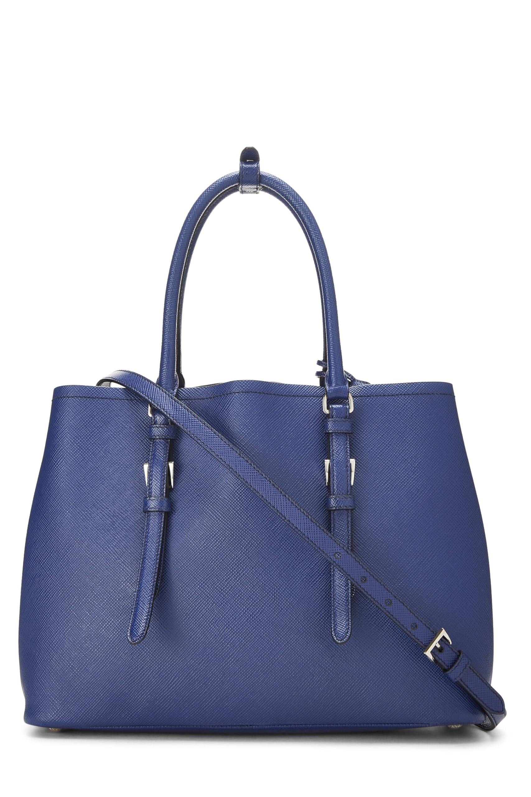 Prada Double Tote Leather Saffiano Blue Tote Bag