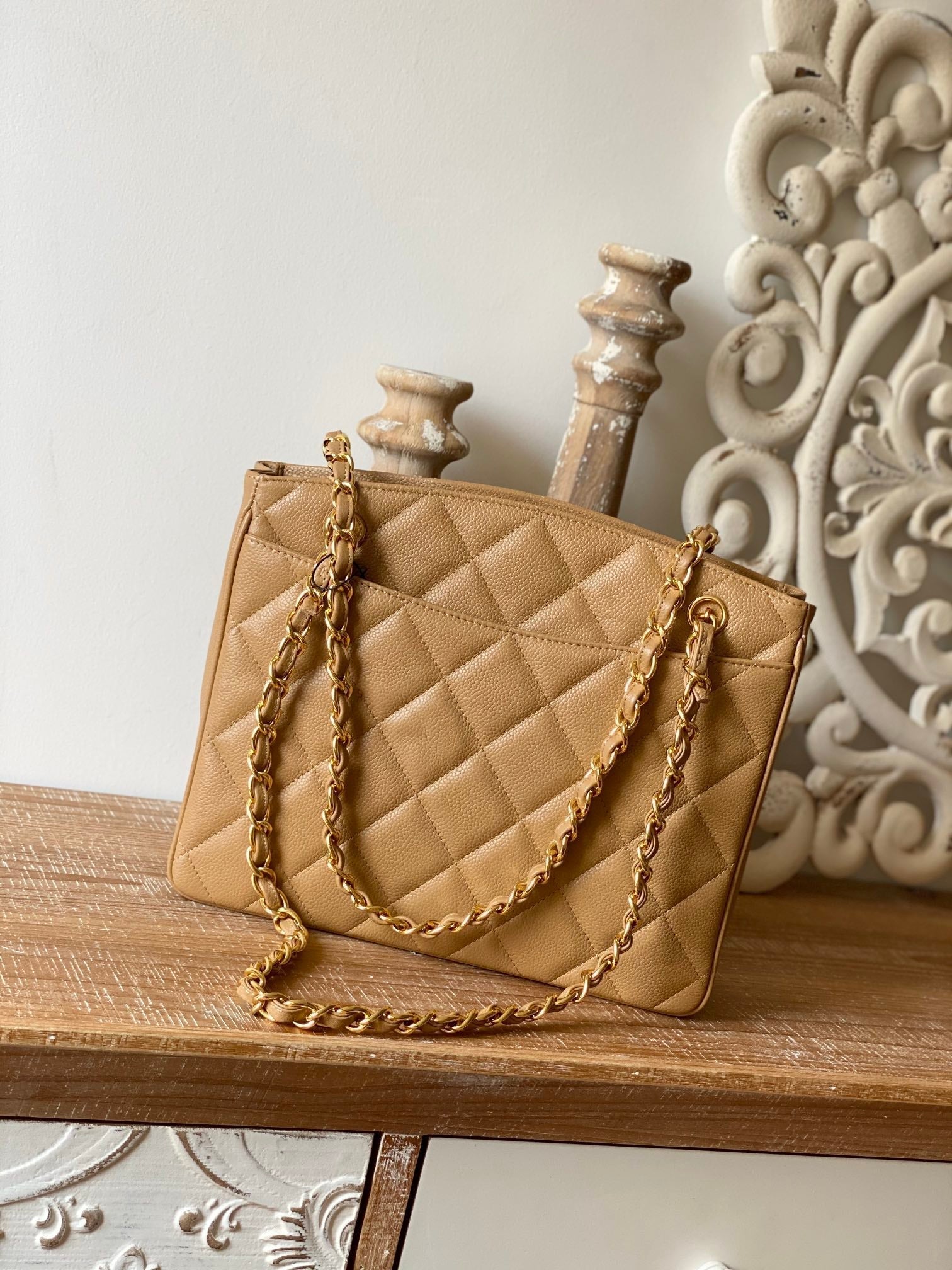 CHL Caviar 28cm 11in Quilted Beige Medium Tote Bag