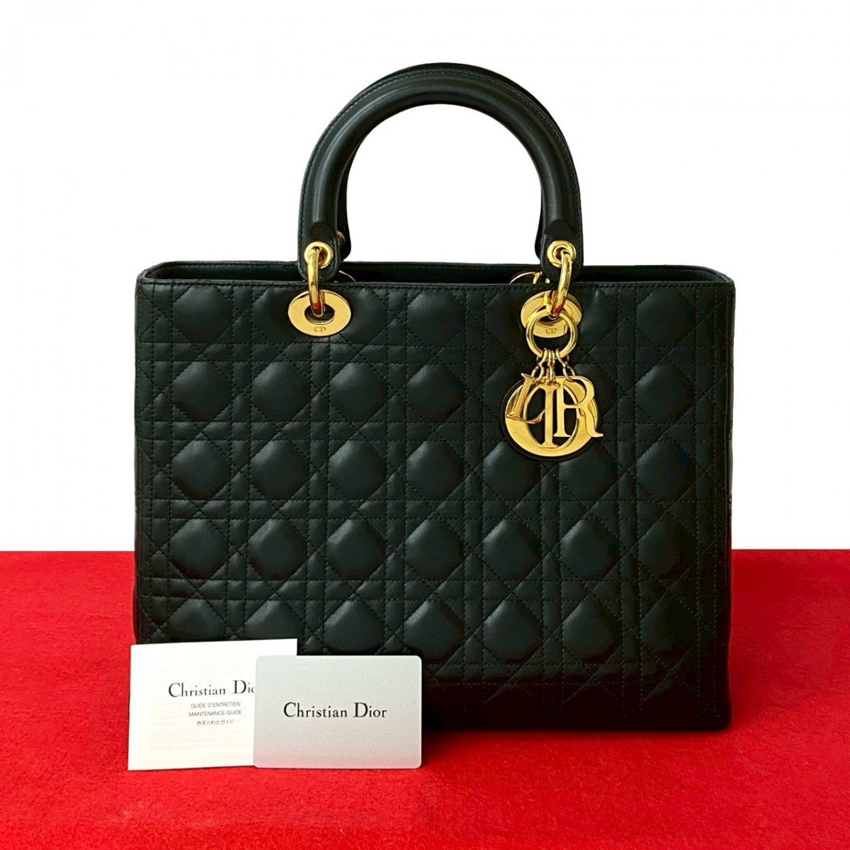 Dior Handbag Cannage Stitch Lady Women Leather Black Travel Bag