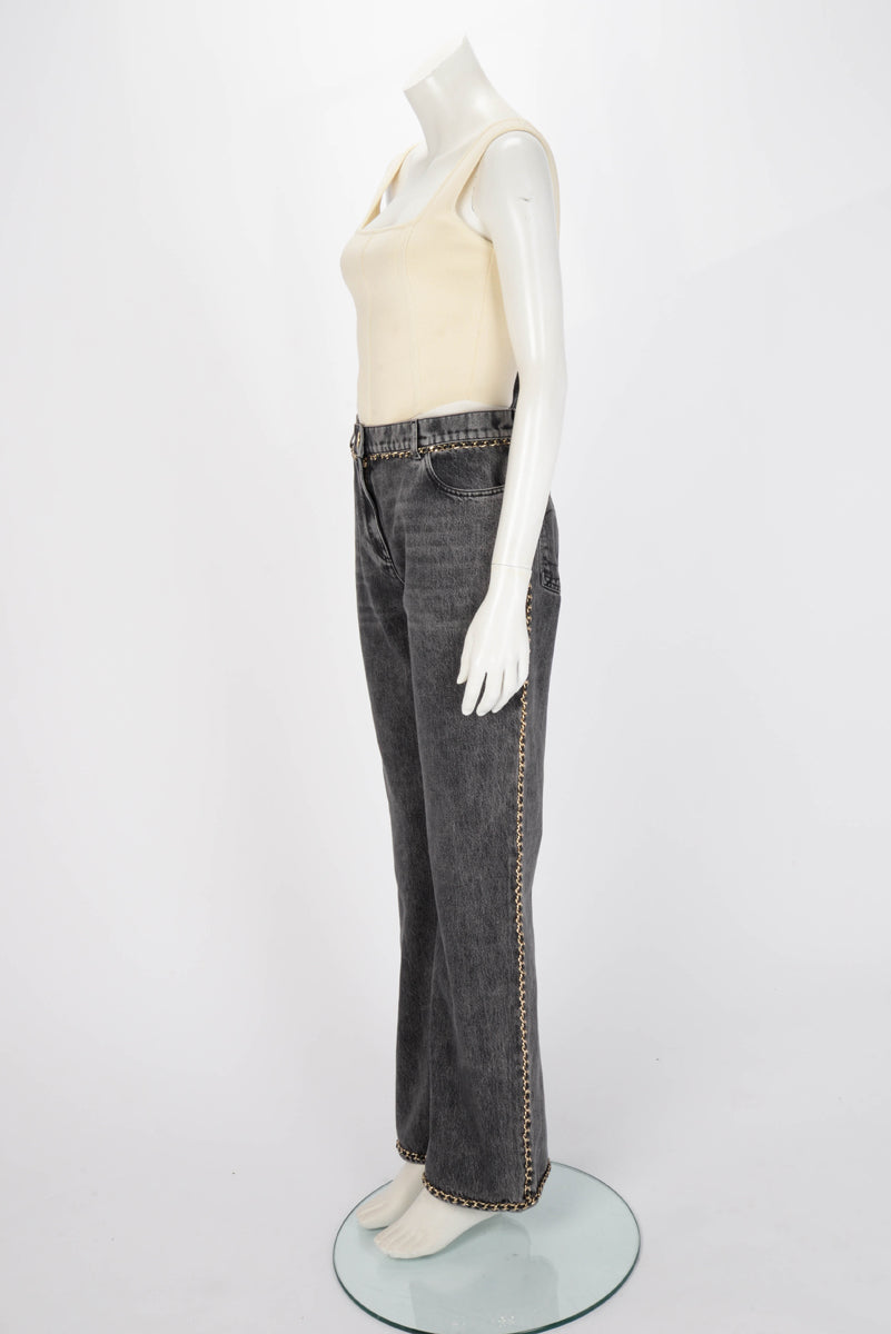 Chanel Black Denim CC Chain Trim Jeans FR 42 Apparel