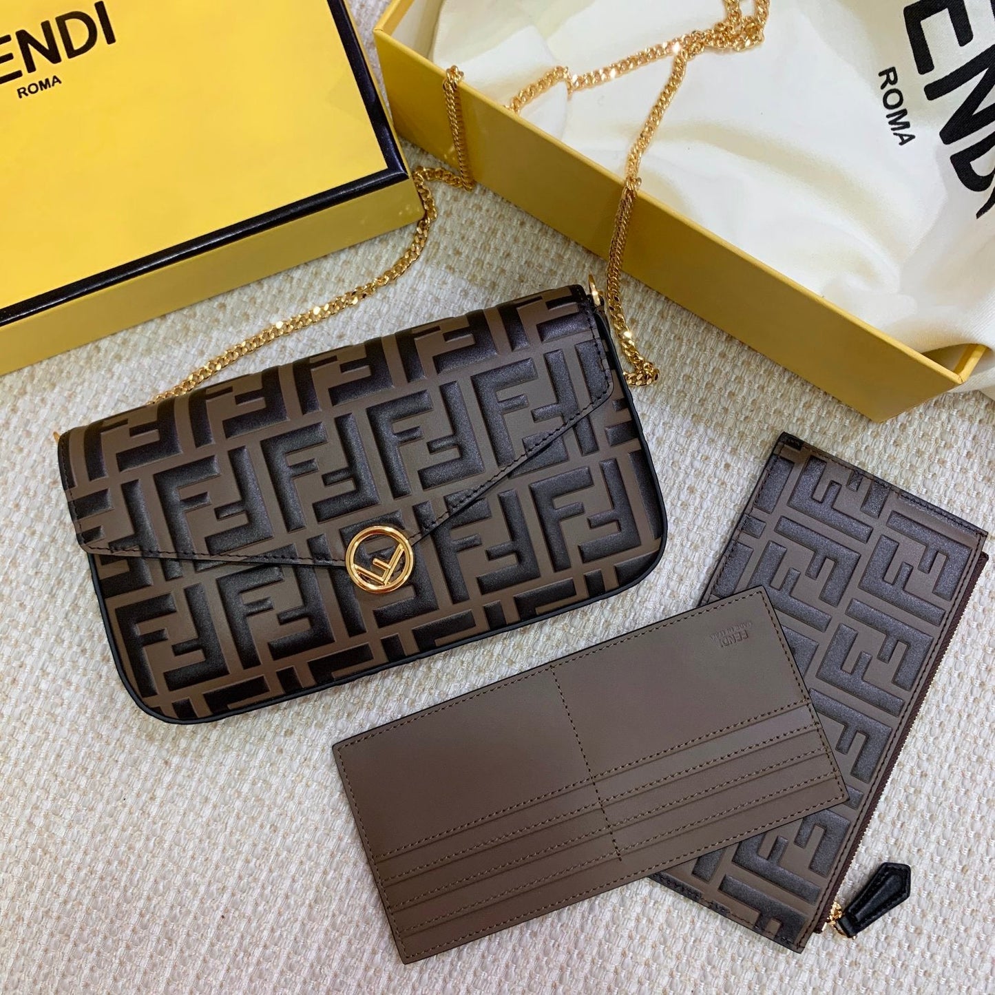 Fendi Top QualityTop Quality Wallet On Brown Chain FF Crossbody Bag
