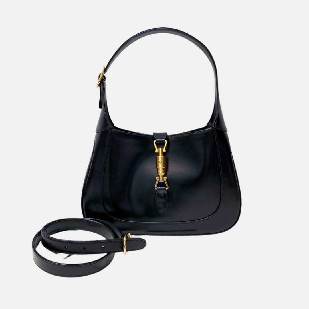 Gucci Jackie Piston Lock Strap Leather Black Small Travel Bag Strap 1
