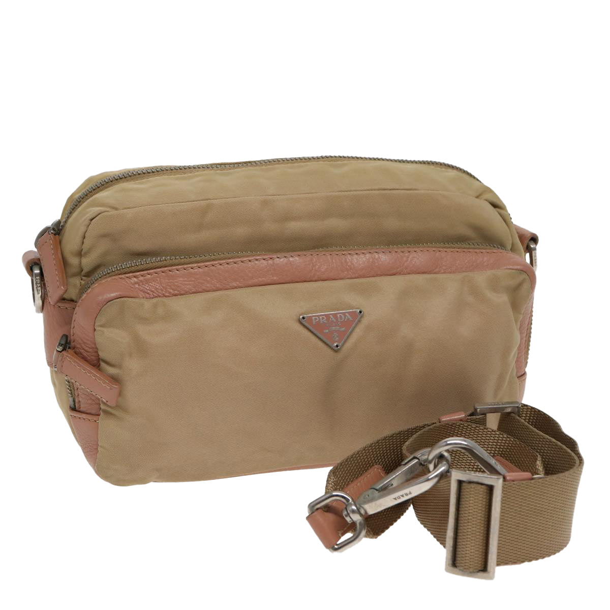 Prada Shoulder Bag Auth Leather Nylon Beige Beige Auth 83156