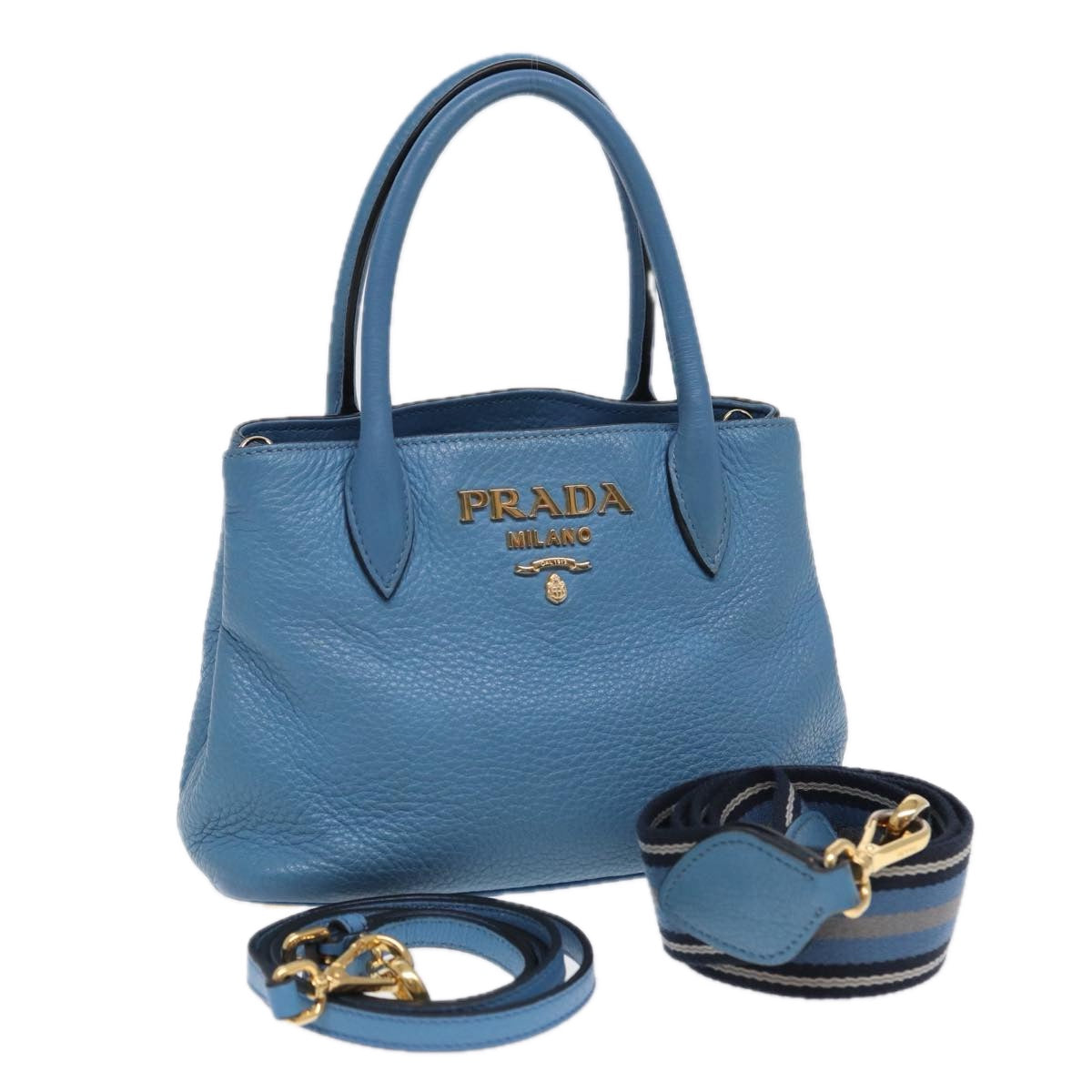 Prada Hand Bag 2Way Light Auth Leather Blue Travel Bag