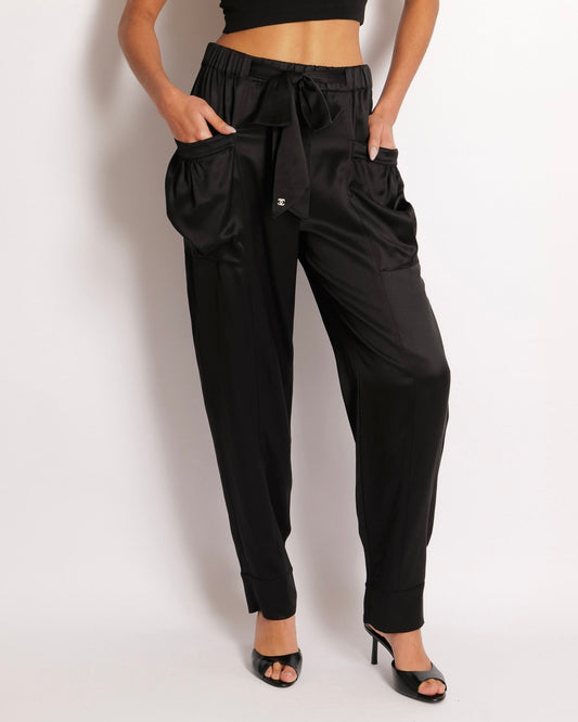 Chanel Black Silk Tro rs with Bow and Crystal CC Logo Detail Size FR 36 (UK 8)