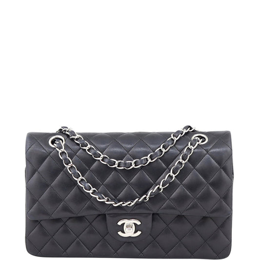 Chanel Classic Double Flap 13 Series Hardware Handbag Black Silver Medium 240221