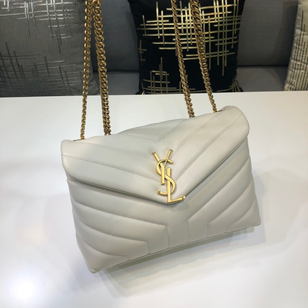 YSL Saint Laurent Loulou Lou Shoulder Bag Quilted Chain White For Women