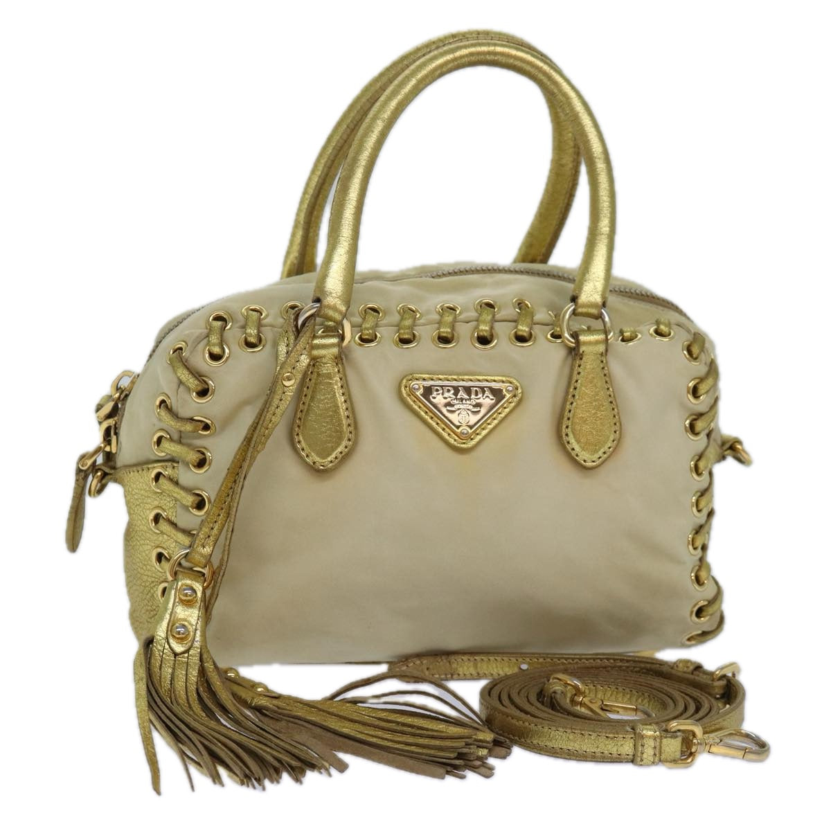 Prada Hand Bag 2Way Auth Nylon Beige Gold Travel Bag