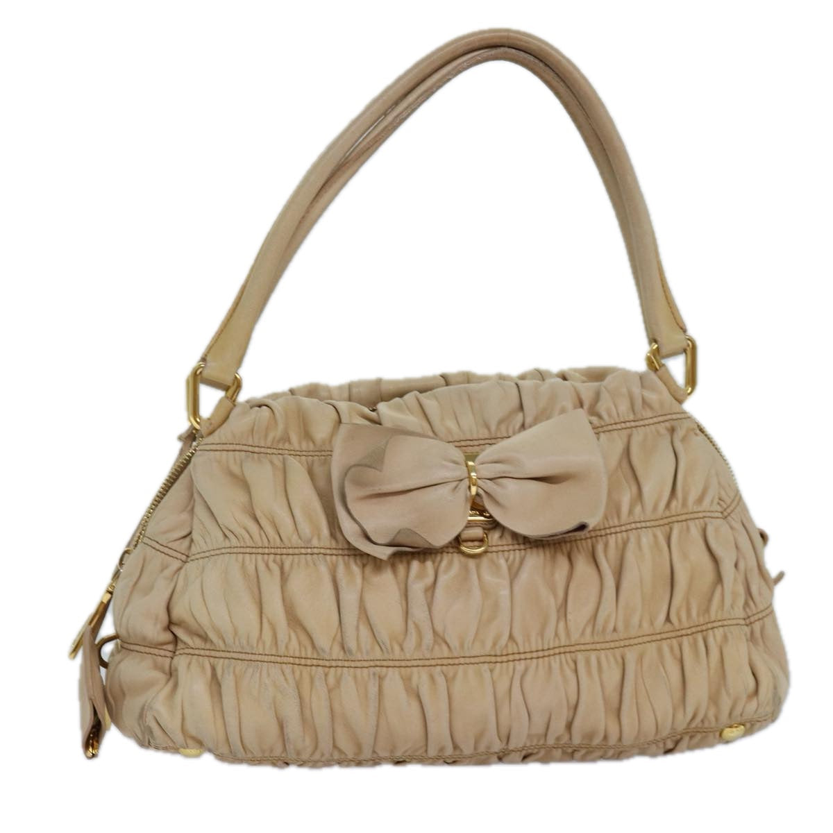 Prada Hand Bag Auth Nylon Beige Gold Travel Bag Gold Auth 85286