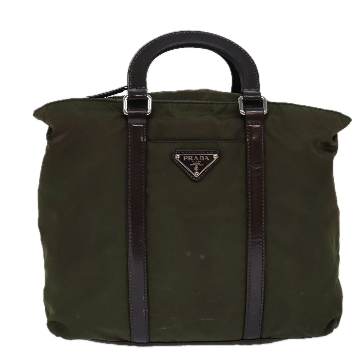 Prada Hand Bag 2Way Khaki Auth Nylon Silver Travel Bag