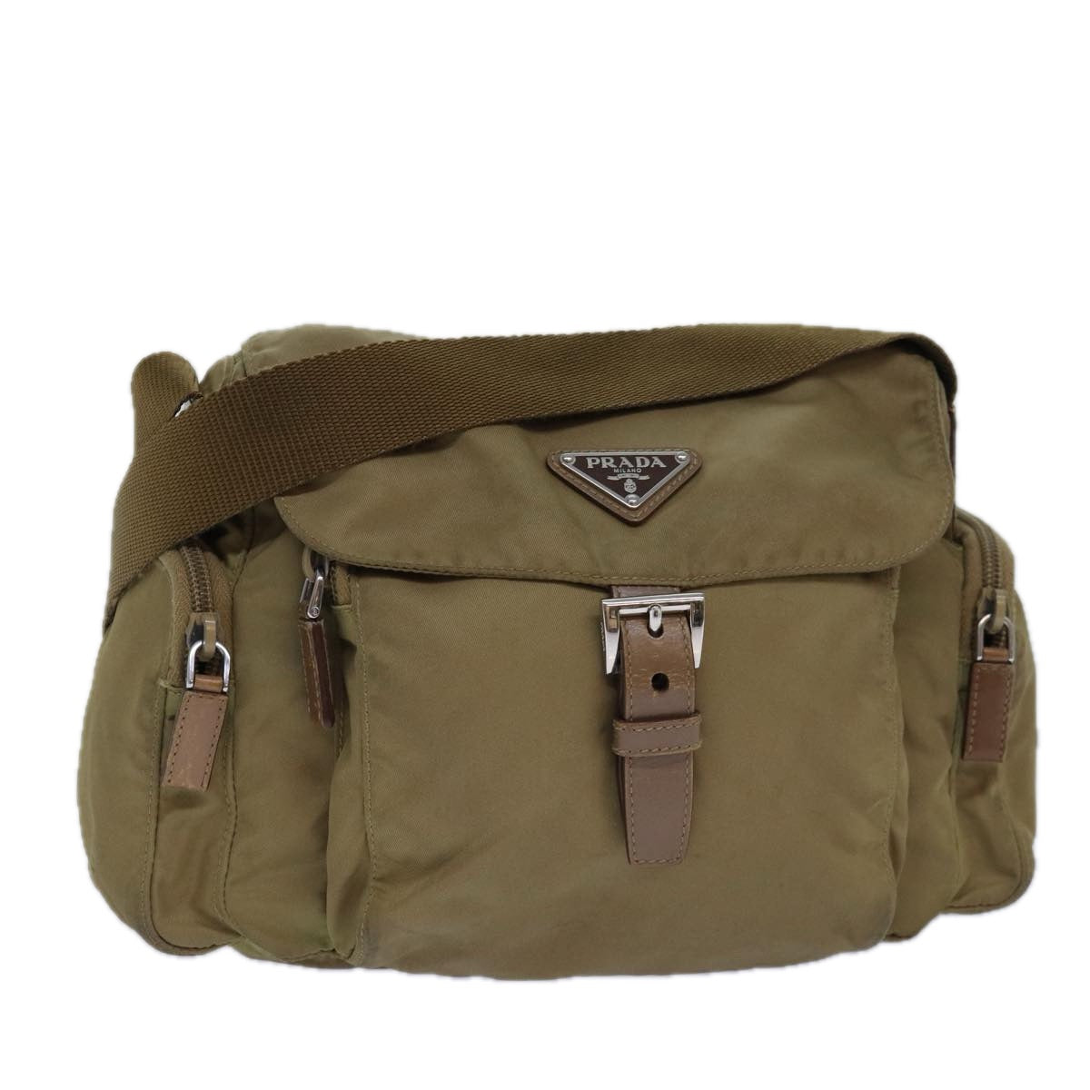 Prada Shoulder Bag Auth Nylon Beige Silver Silver Auth 85627