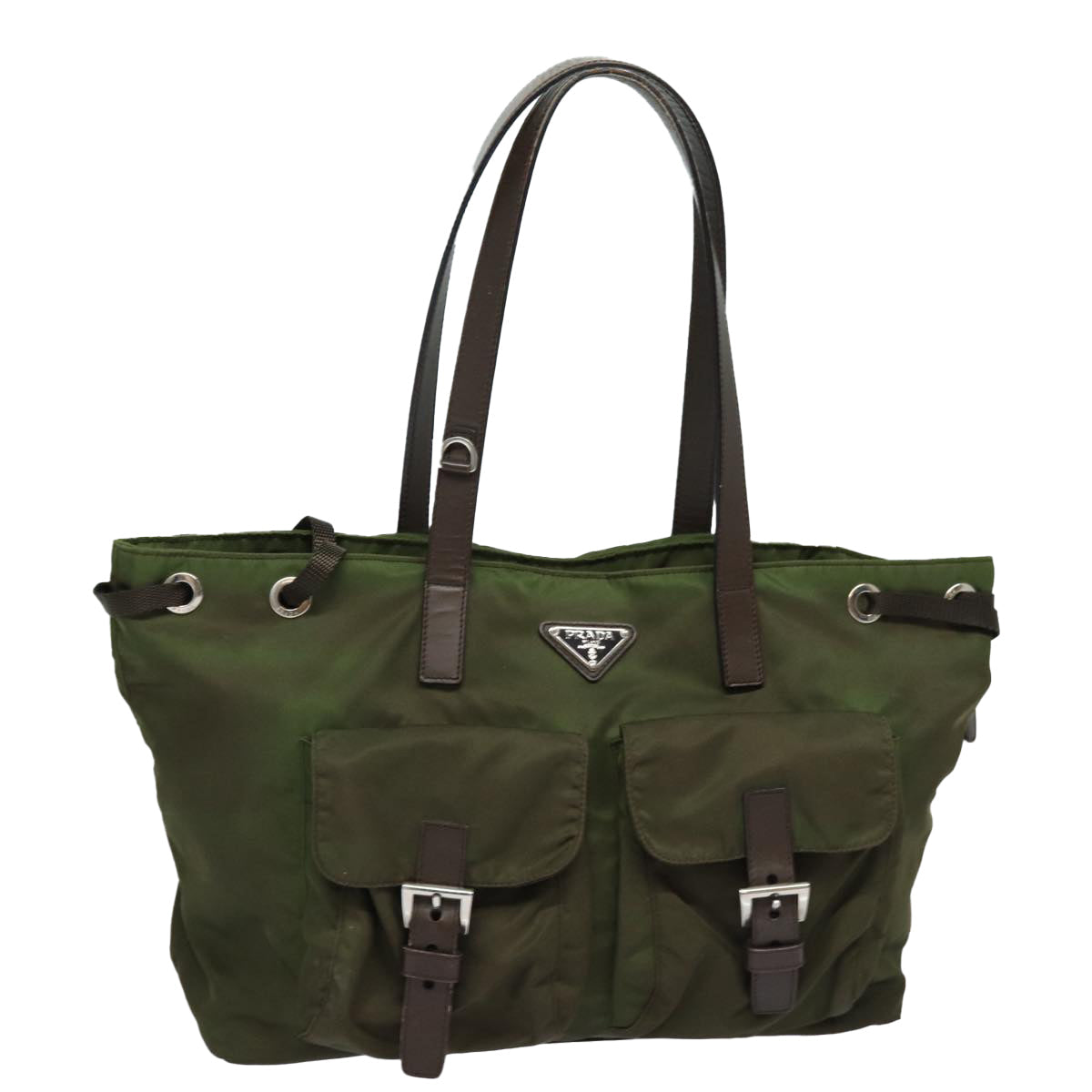 Prada Tote Bag Khaki Auth Nylon Brown Silver