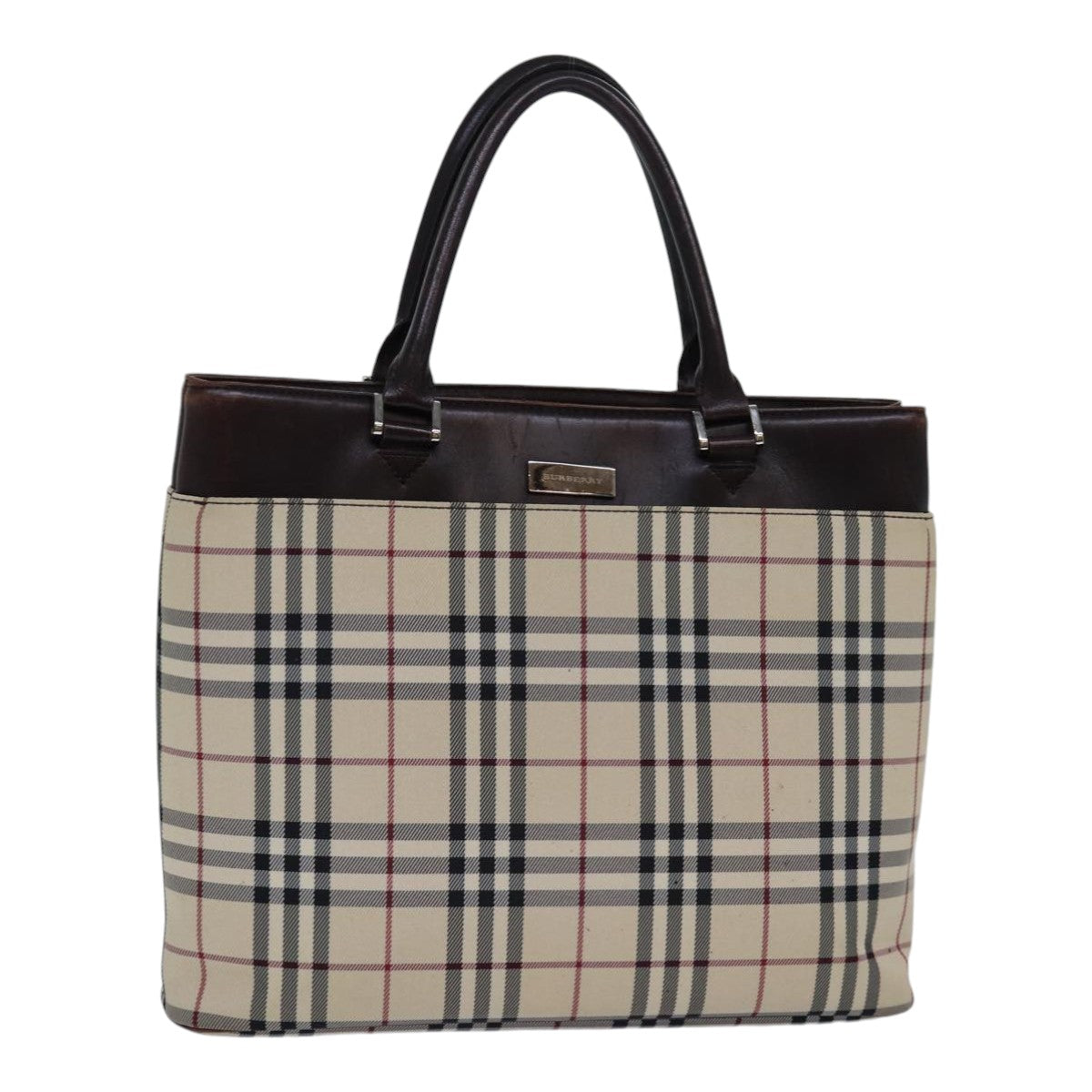 Burberry Luxury Nova Check Hand Bag Auth Nylon Beige Silver Travel Bag
