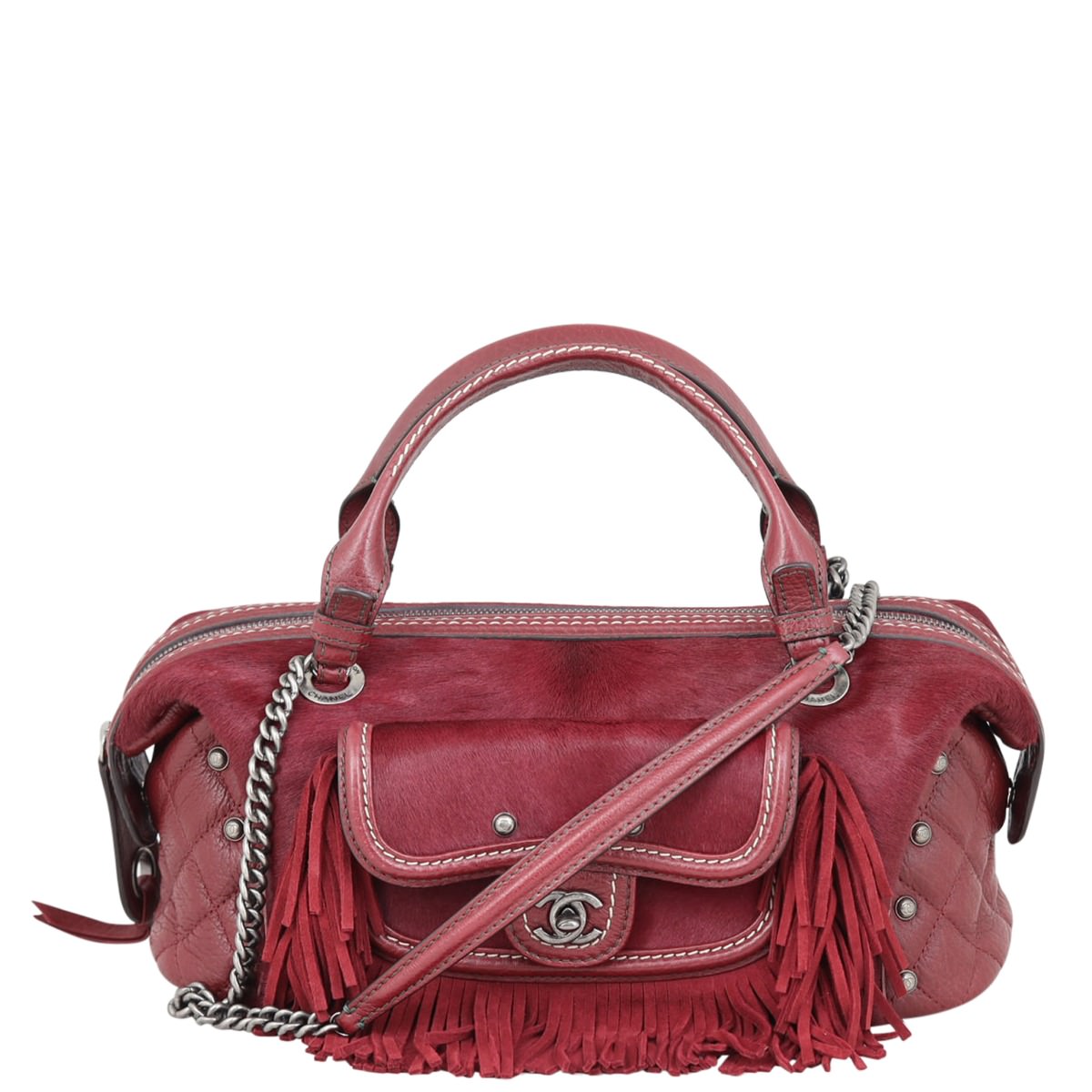 Chanel Pony Hair and Paris-Dallas Bowling Fringe Bag Leather Red Jewelry Bag 160222