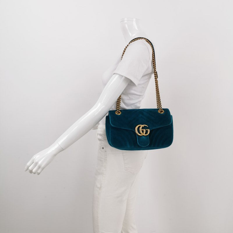 Gucci Marmont Turquoise Velvet Blue Small Flap Handbag