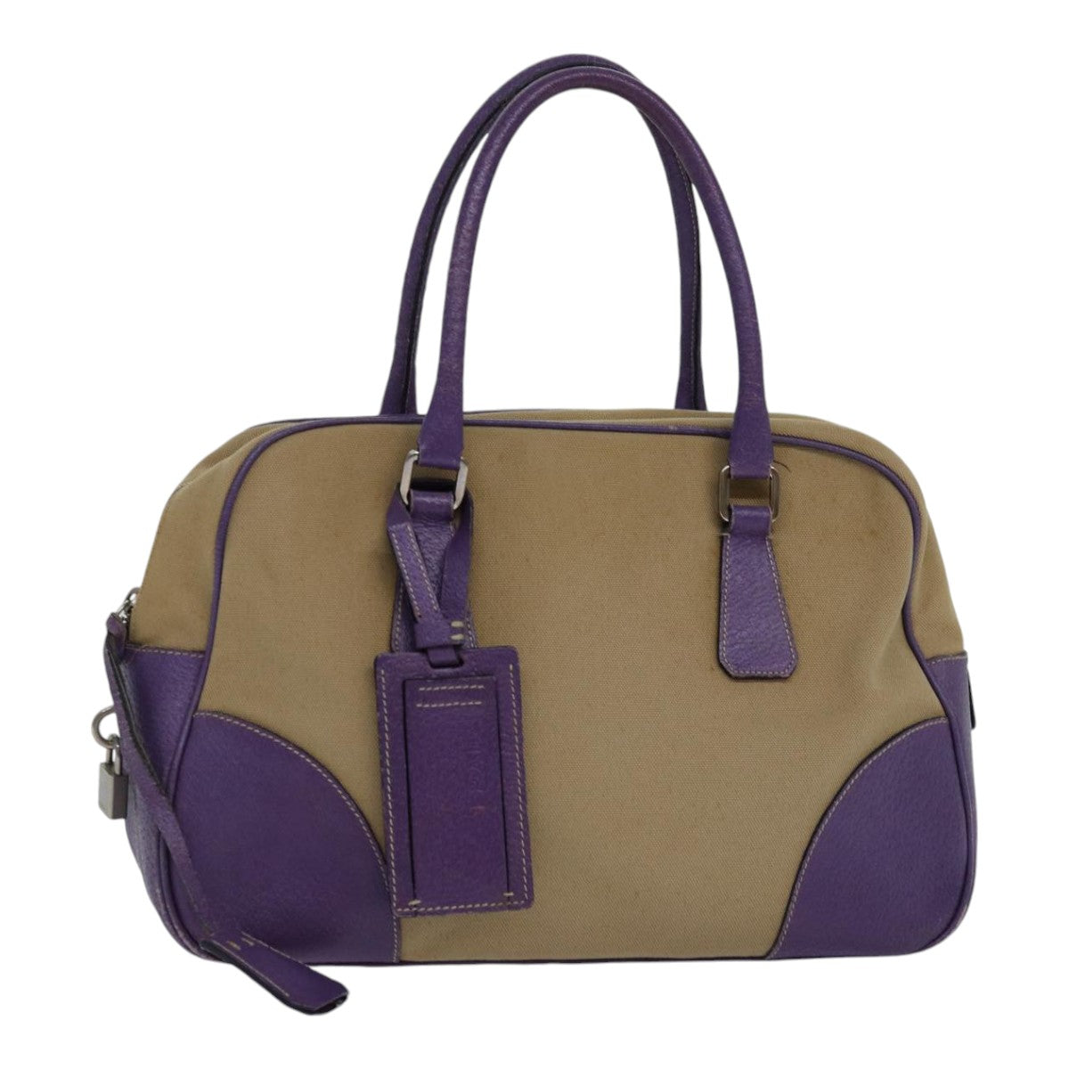 Prada Hand Bag Auth Canvas Beige Silver Travel Bag Purple Auth 86337