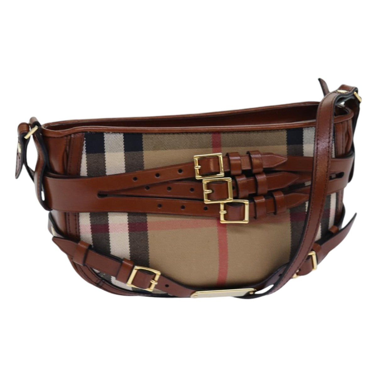 Burberry Luxury Nova Check Shoulder Bag Auth Canvas Beige Gold