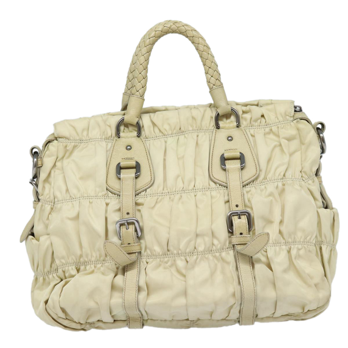 Prada Hand Bag 2Way Auth Nylon Silver Cream Travel Bag