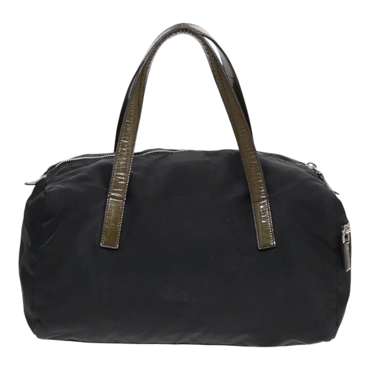 Prada Hand Bag Enamel Khaki Auth Nylon Black Silver Travel Bag