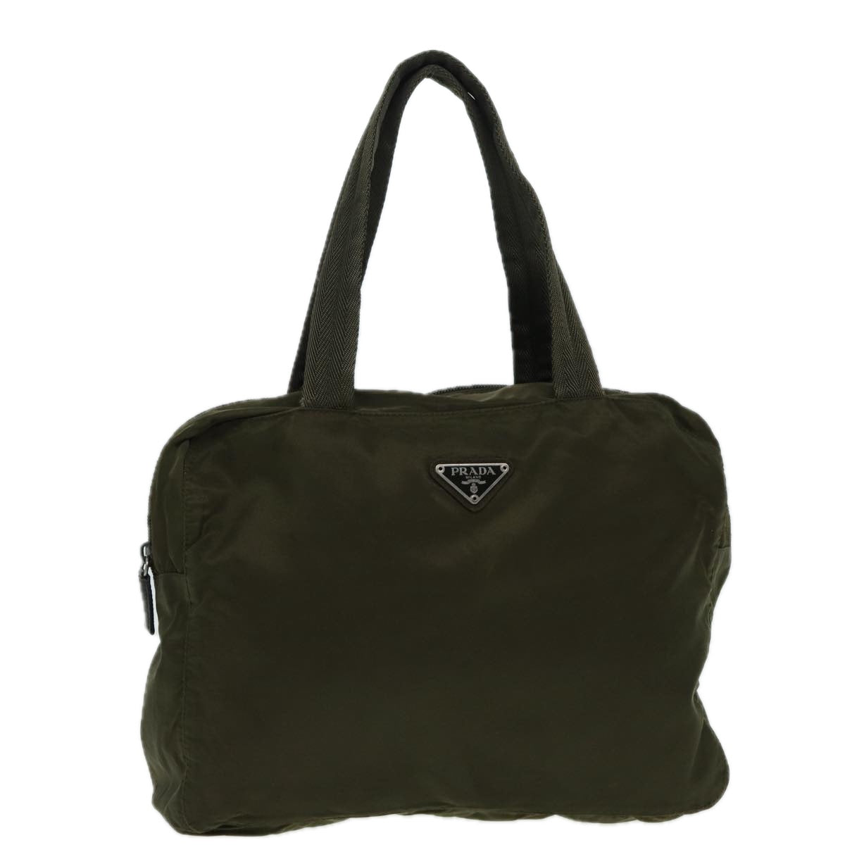 Prada Hand Bag Khaki Auth Nylon Silver Travel Bag Silver Auth 86453