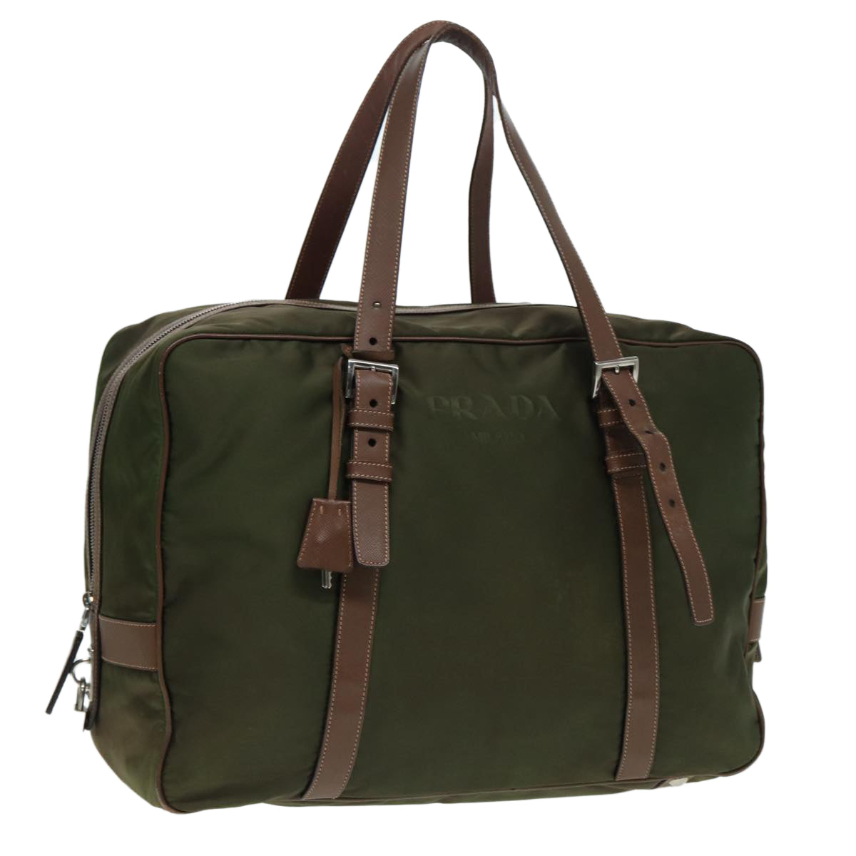 Prada Boston Bag Khaki Auth Nylon Silver Travel Bag