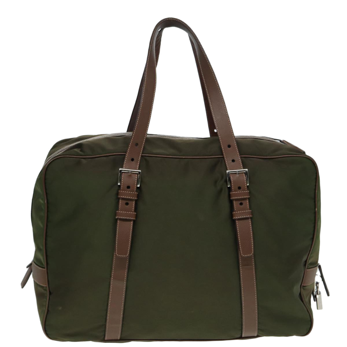 Prada Boston Bag Khaki Auth Nylon Silver Travel Bag