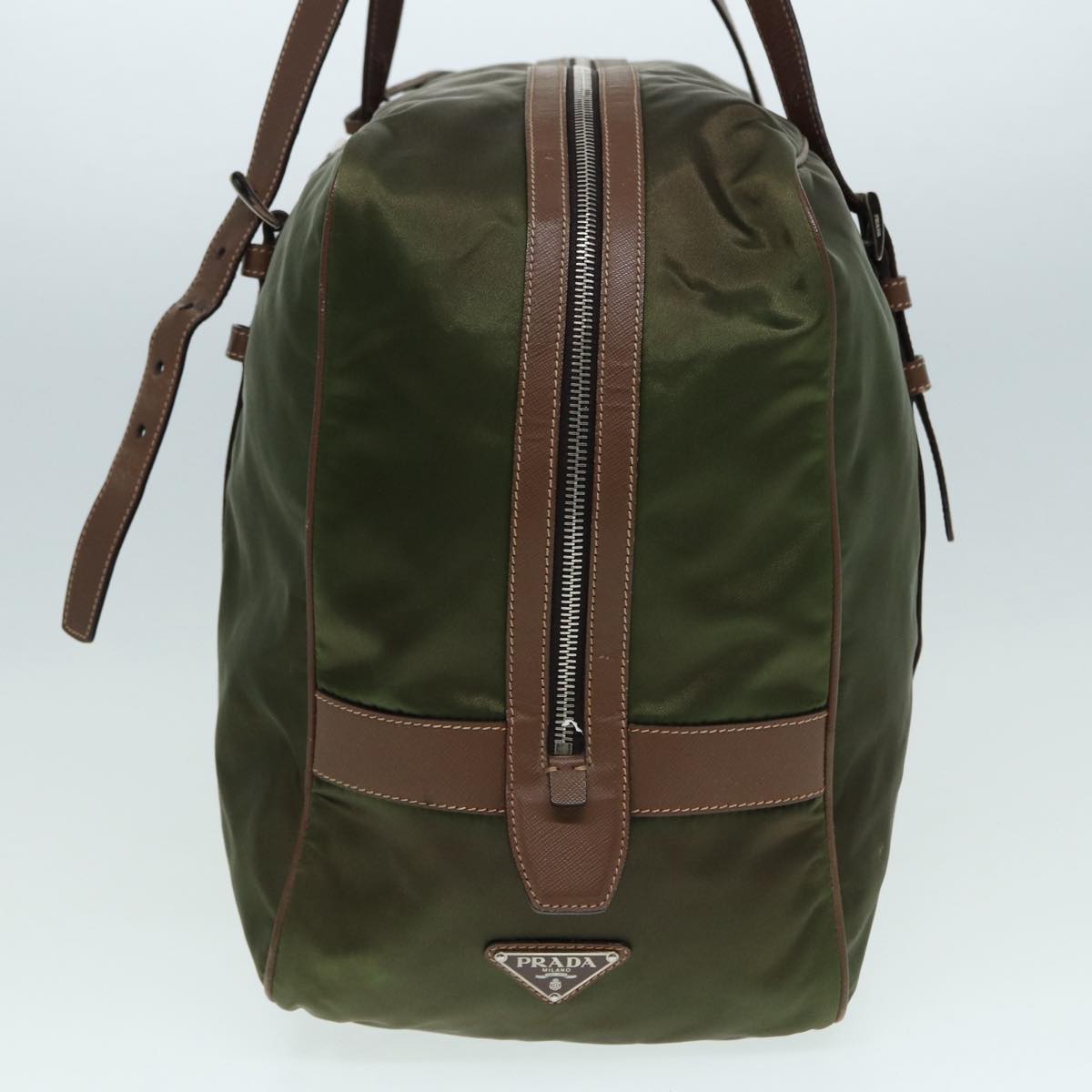 Prada Boston Bag Khaki Auth Nylon Silver Travel Bag