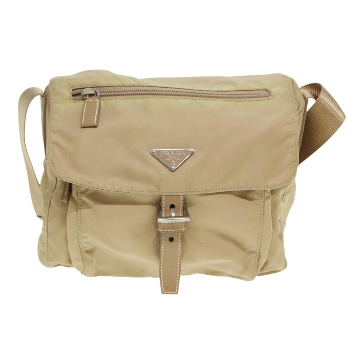 Prada Shoulder Bag Auth Nylon Beige Silver Silver Auth 86647
