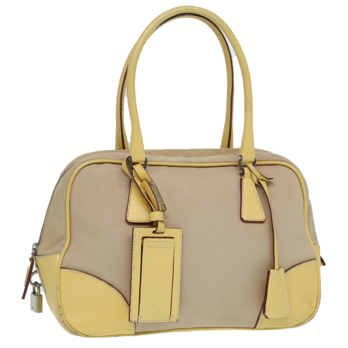 Prada Hand Bag Auth Canvas Beige Silver Travel Bag Silver Auth 86908