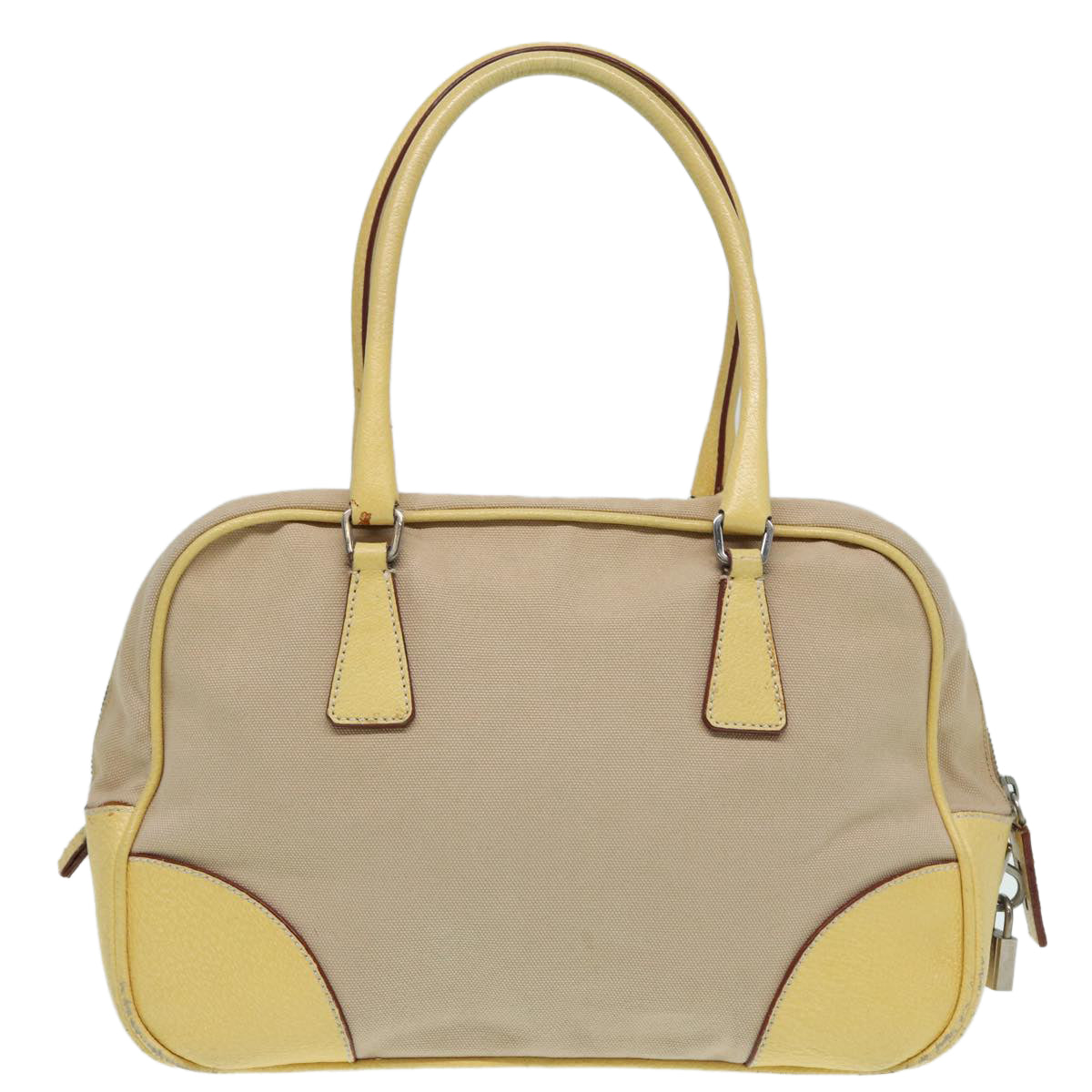 Prada Hand Bag Auth Canvas Beige Silver Travel Bag Silver Auth 86908